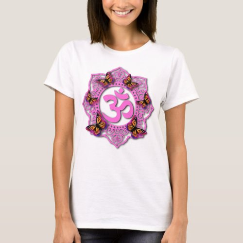 Pink ohm mandala design with Monarch butterflies T_Shirt