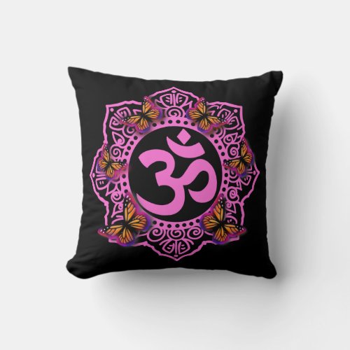 Pink ohm mandala design with Monarch butterflies Throw Pillow