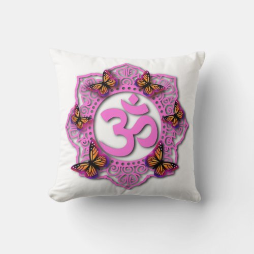 Pink ohm mandala design with Monarch butterflies Throw Pillow