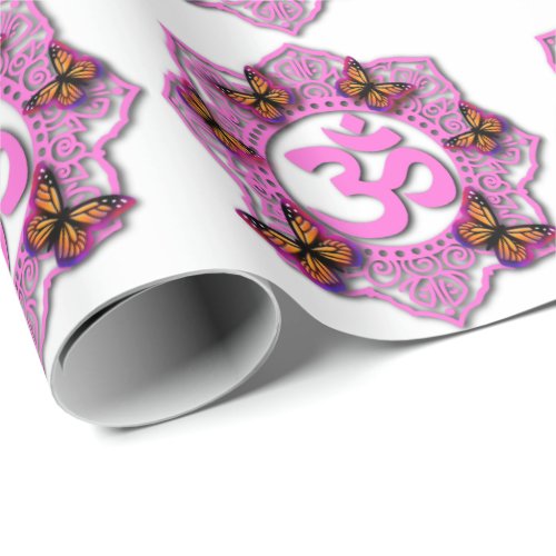Pink ohm mandala design with Monarch butterflies Wrapping Paper