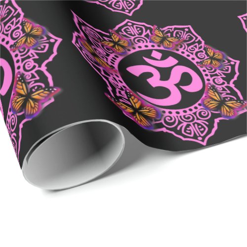 Pink ohm mandala design with Monarch butterflies Wrapping Paper