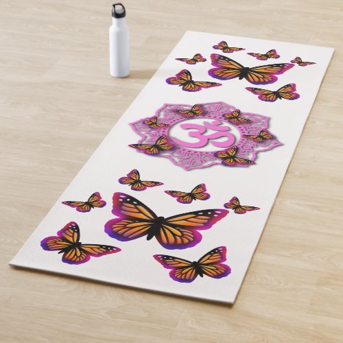 Pink ohm mandala design with Monarch butterflies Yoga Mat