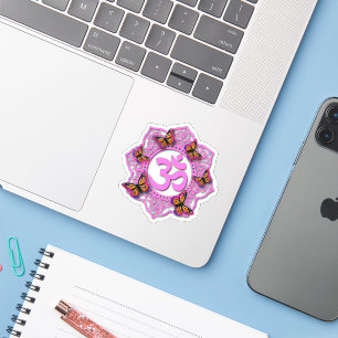 Pink ohm mandala design with purple butterflies sticker