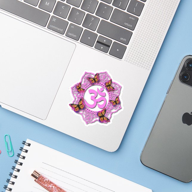 Pink ohm mandala design with purple butterflies  sticker (Laptop w/ iPhone)