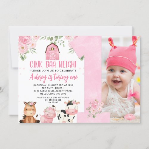 Pink Oink Baa Neigh Girls 1st Birthday Invitation