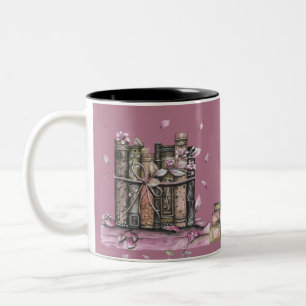 Pink Old Book Library Flowers Two-Tone Coffee Mug