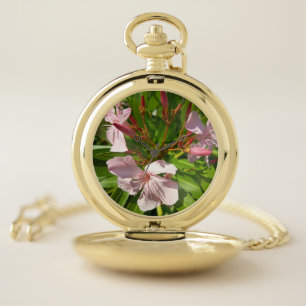 Pink Oleander Floral Pocket Watch Botanical Nature