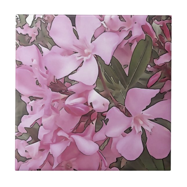 Pink Oleander Rose Laurel Black Outline Art Ceramic Tile (Front)