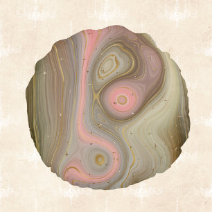 Pink Olive and Tan Mineral Swirl with Golden Stars Round Pillow