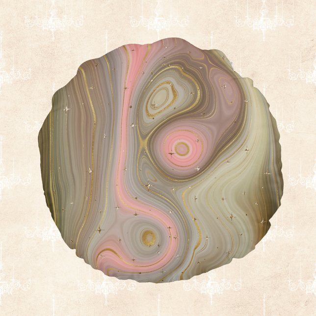 Pink Olive and Tan Mineral Swirl with Golden Stars Round Pillow (Creator Uploaded)