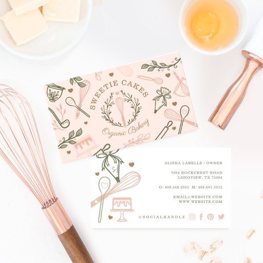 Customizable Pink &amp; Olive Green Baking &amp; Cooking Utensil Bakery Business Card
