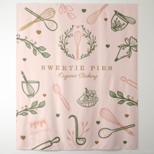 Pink & Olive Green Baking & Cooking Utensil Bakery Tapestry