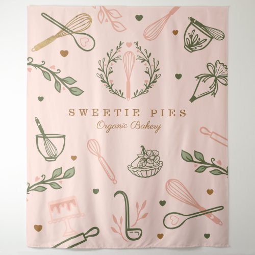 Pink  Olive Green Baking  Cooking Utensil Bakery Tapestry