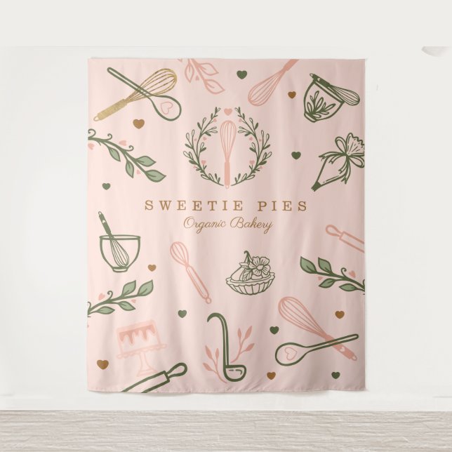 Pink & Olive Green Baking & Cooking Utensil Bakery Tapestry (Front)