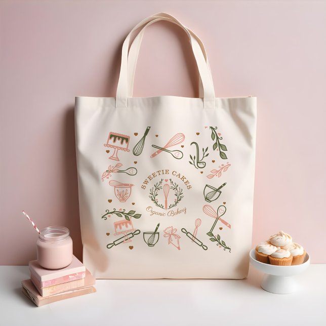Pink & Olive Green Baking & Cooking Utensil Bakery Tote Bag (Pink & Olive Green Baking & Cooking Utensil Bakery Tote Bag)