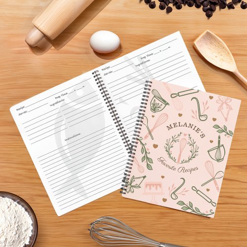 Pink  Olive Green Baking  Cooking Utensil Recipe Notebook