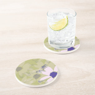 Pink Olive Green Daisy Floral Art Sandstone Coaster
