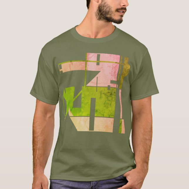 Pink Olive Green Geometric Tribal Art Abstract T-Shirt (Front)