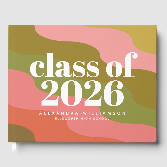 Pink Olive Green Retro Wave Class of 2026 Grad Guest Book (Front)