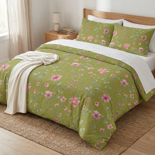 Pink Olive Green Trendy Floral Pattern Duvet Cover