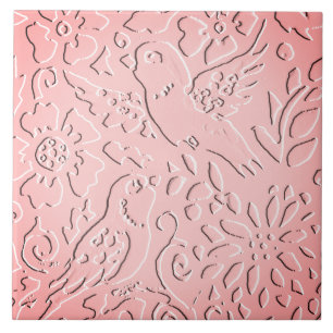 Pink Ombre Bird Woodland Embossed Floral Nature Ceramic Tile