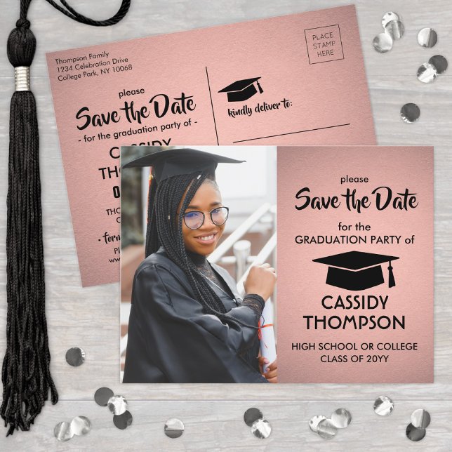 Pink Ombre & Black Graduation Photo Save the Date Postcard (Creator Uploaded)