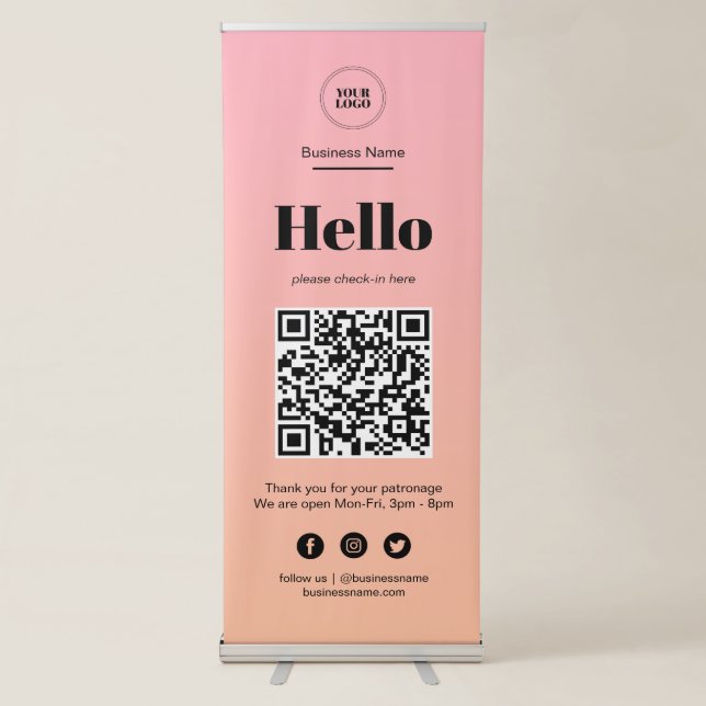 Pink Ombre Business Covid QR Code Check-In  Retractable Banner (Front)