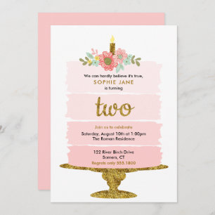 Pink Ombre Cake 2nd Birthday Glitter Two Invitation