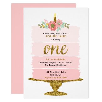 Pink Ombre Cake First Birthday Glitter Invitation