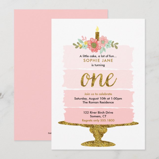 Pink Ombre Cake First Birthday Glitter Invitation (Front/Back)