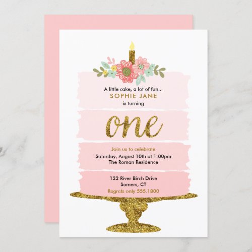 Pink Ombre Cake First Birthday Glitter Invitation