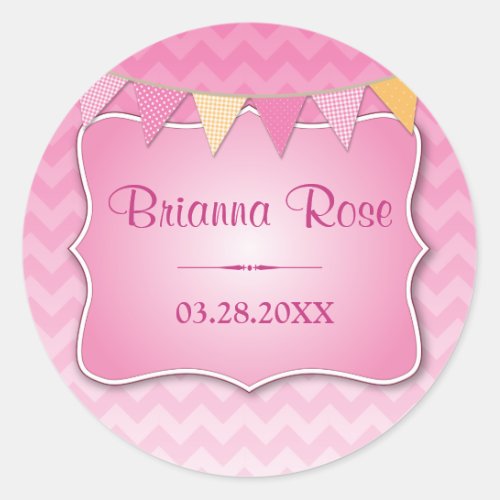 Pink Ombre Chevron Baby Name Classic Round Sticker
