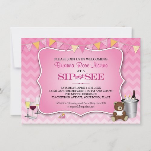 Pink Ombre Chevron Baby Sip and See Custom Invitation