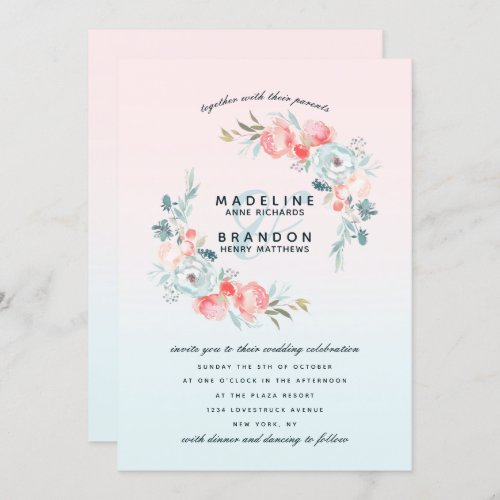 Pink Ombre French Garden Floral Wreath Wedding Invitation