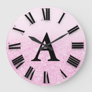 Pink Ombre Glitter Monogram Roman Numbers Large Clock