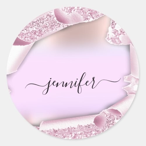 Pink Ombre Glitter Pink Rose Name Bridal Sweet16th Classic Round Sticker