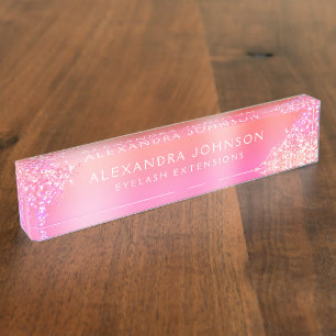 Pink Ombre Glitter Sparkle Eyelash Extensions Desk Name Plate