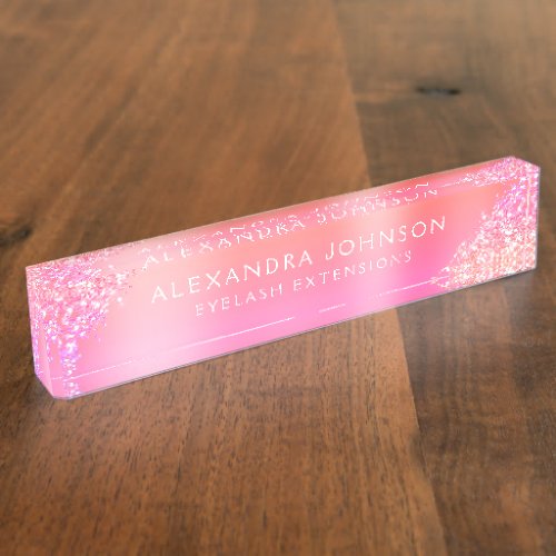 Pink Ombre Glitter Sparkle Eyelash Extensions Desk Name Plate