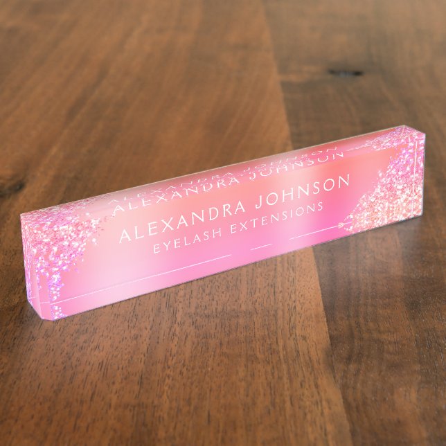 Pink Ombre Glitter Sparkle Eyelash Extensions Desk Name Plate (Side)