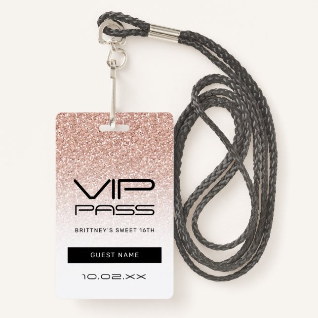 Pink Ombre Glitter Sweet 16th VIP Pass Lanyard Badge (Front with Lanyard)