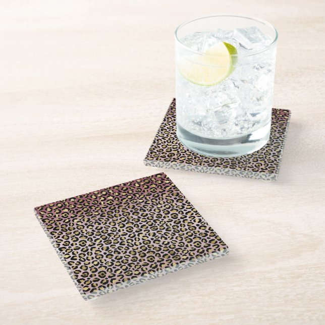 Pink Ombre Gold Black Leopard print     Glass Coaster (Angled)