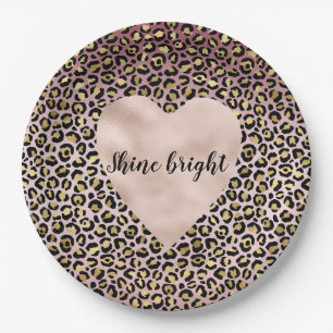 Pink Ombre Gold Black Leopard print Heart Paper Plates