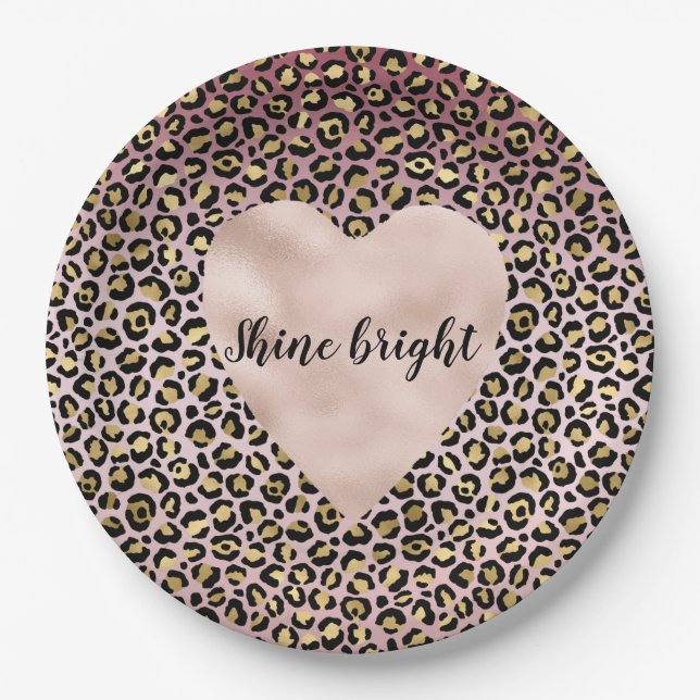 Pink Ombre Gold Black Leopard print Heart  Paper Plates (Front)