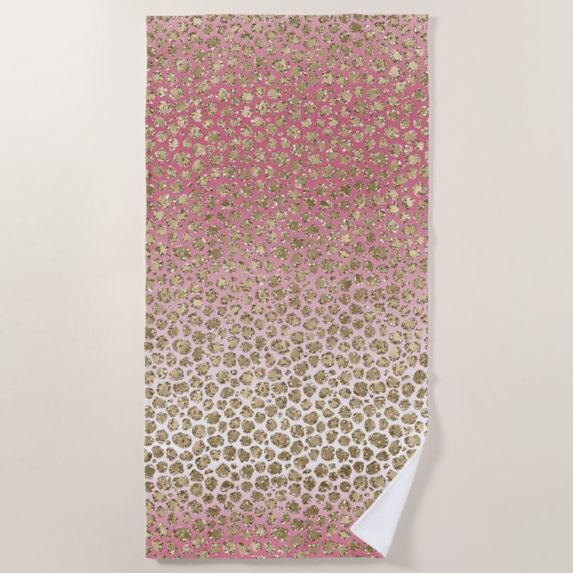 Pink Ombre Gold Glitter Glitz Leopard Print        Beach Towel (Front)
