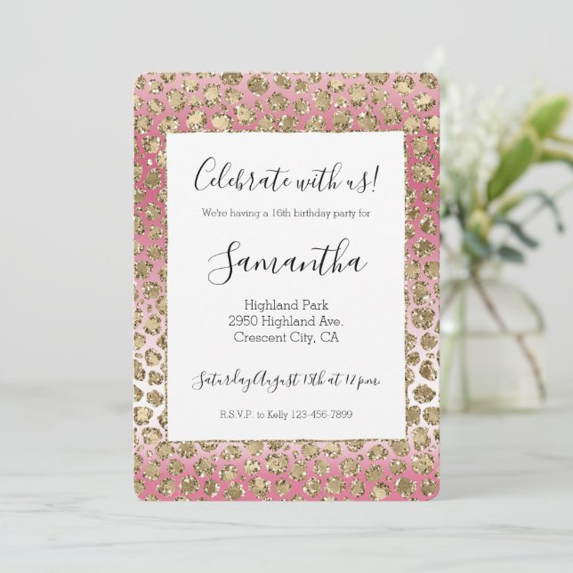 Pink Ombre Gold Glitter Glitz Leopard Print    Invitation (Standing Front)