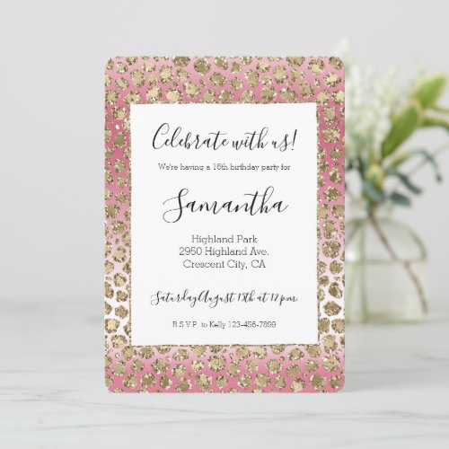 Pink Ombre Gold Glitter Glitz Leopard Print    Invitation
