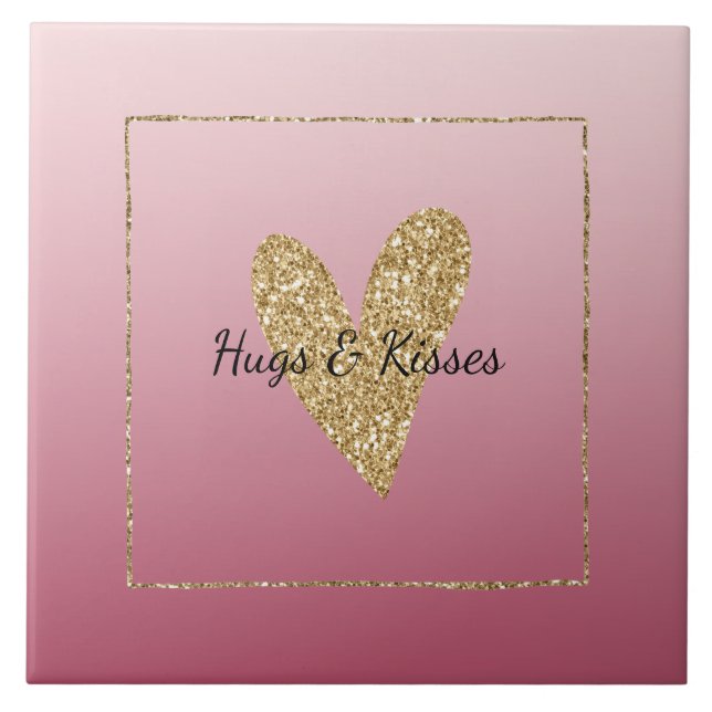 Pink Ombre Gold Glitter Heart Ceramic Tile (Front)