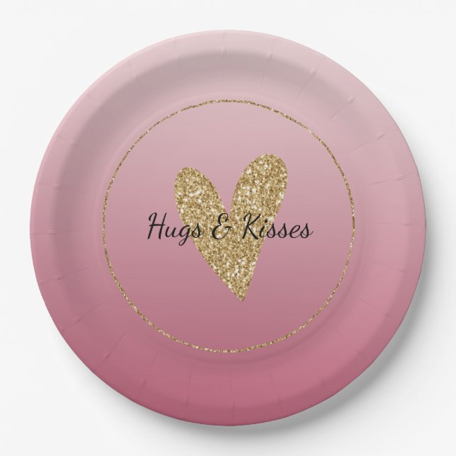 Pink Ombre Gold Glitter Heart Paper Plates (Front)