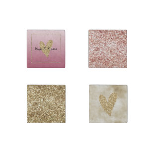 Pink Ombre Gold Glitter Heart Stone Magnet