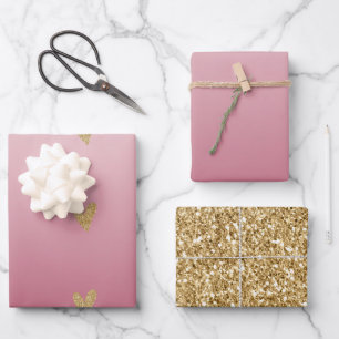 Pink Ombre Gold Glitter Heart Wrapping Paper Sheets